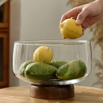 Large Glass Fruit Bowl - Clear Borosilicate Glass Fruit Bowl with Tray Wooden Base